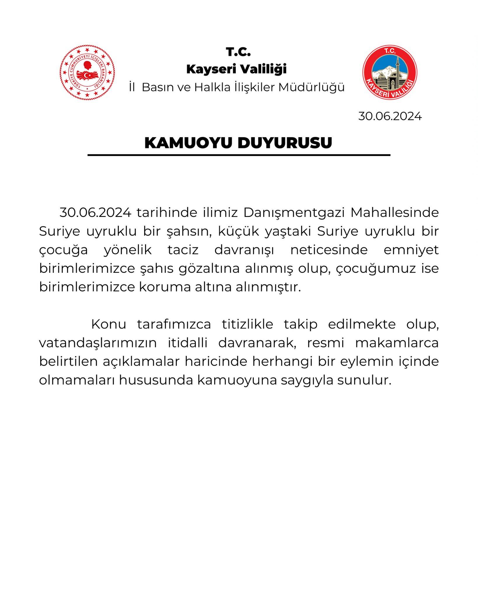 Kayseri Valiliği ildeki olaylarla ilgili açıklama yaptı. 